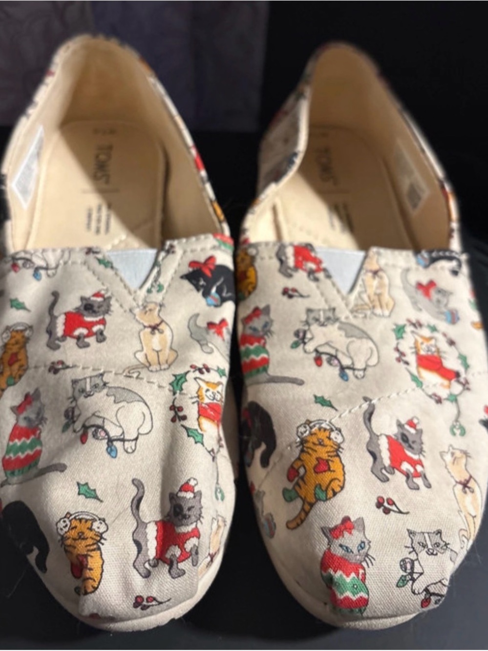 TOMS Beige Canvas Slip-Ons with Festive Cat Print